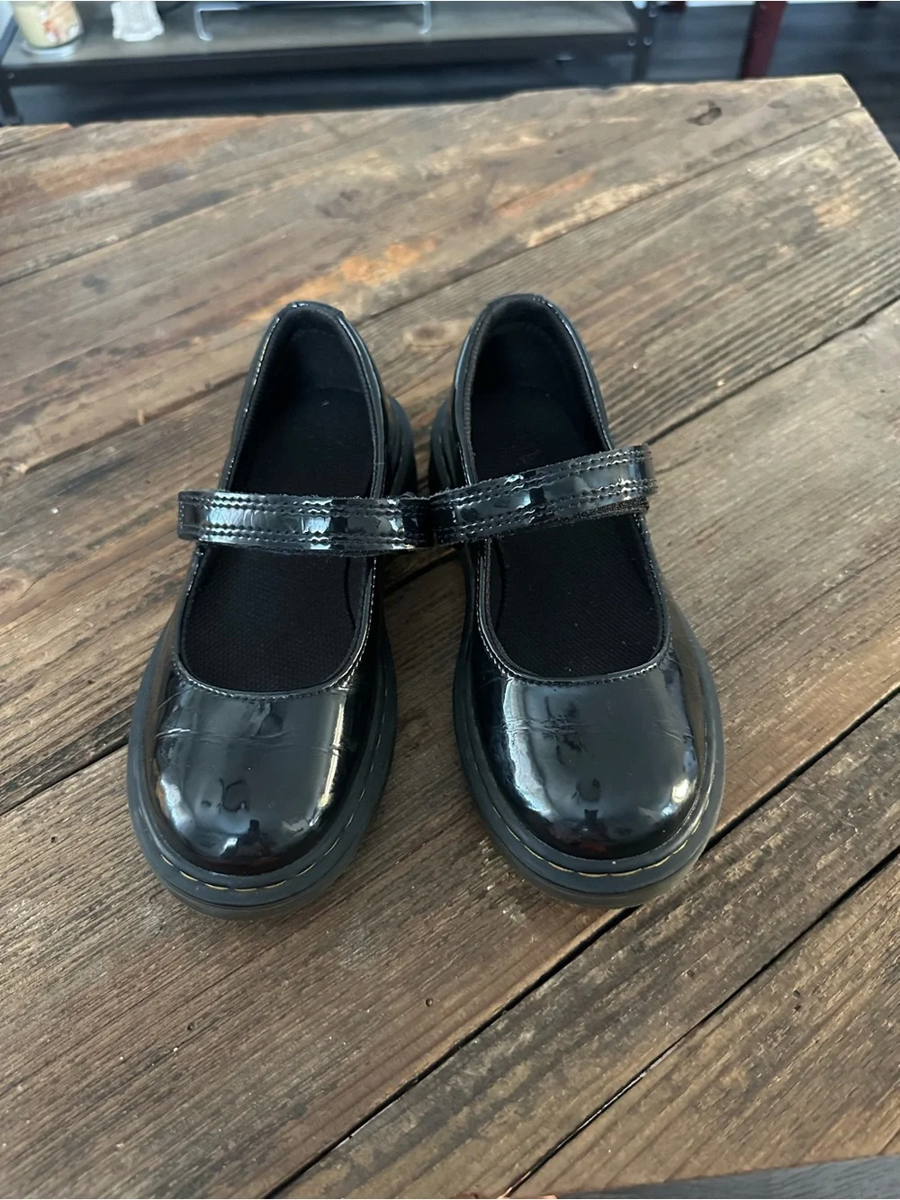 Dr. Martens Girls' Black Patent Mary Jane with Yellow Stitching